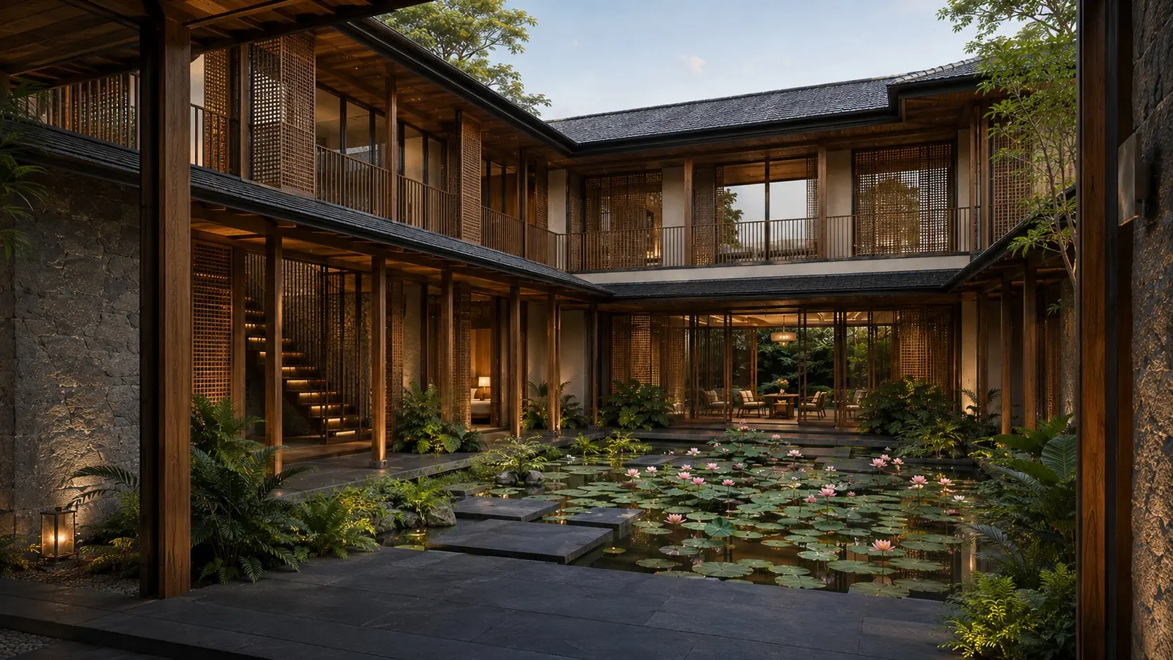Lotus Garden · Sân trong và hệ vật liệu — hình ảnh concept công khai
